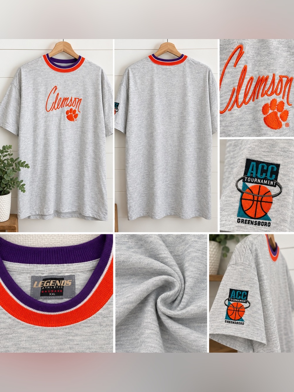 Vintage Clemson Tigers ACC Tournament Greensboro Embroidered Ringer T-Shirt XXL
